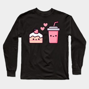 Kawaii Style Strawberry Cake and Milkshake in Love | Design for Kawaii Food Lovers Long Sleeve T-Shirt